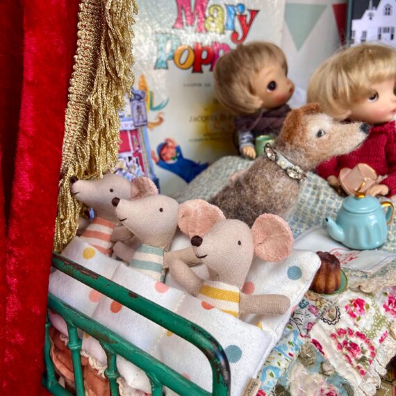 Maileg Triplets in the Dolly Treasures Window for Benjamin Pollocks Toyshop, Covent Garden