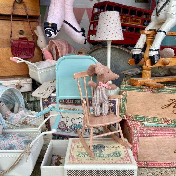 Maileg Sleepy Wakey Mouse in Rose on Rocking Chair - Benjamin Pollock's Toyshop, Covent Garden
